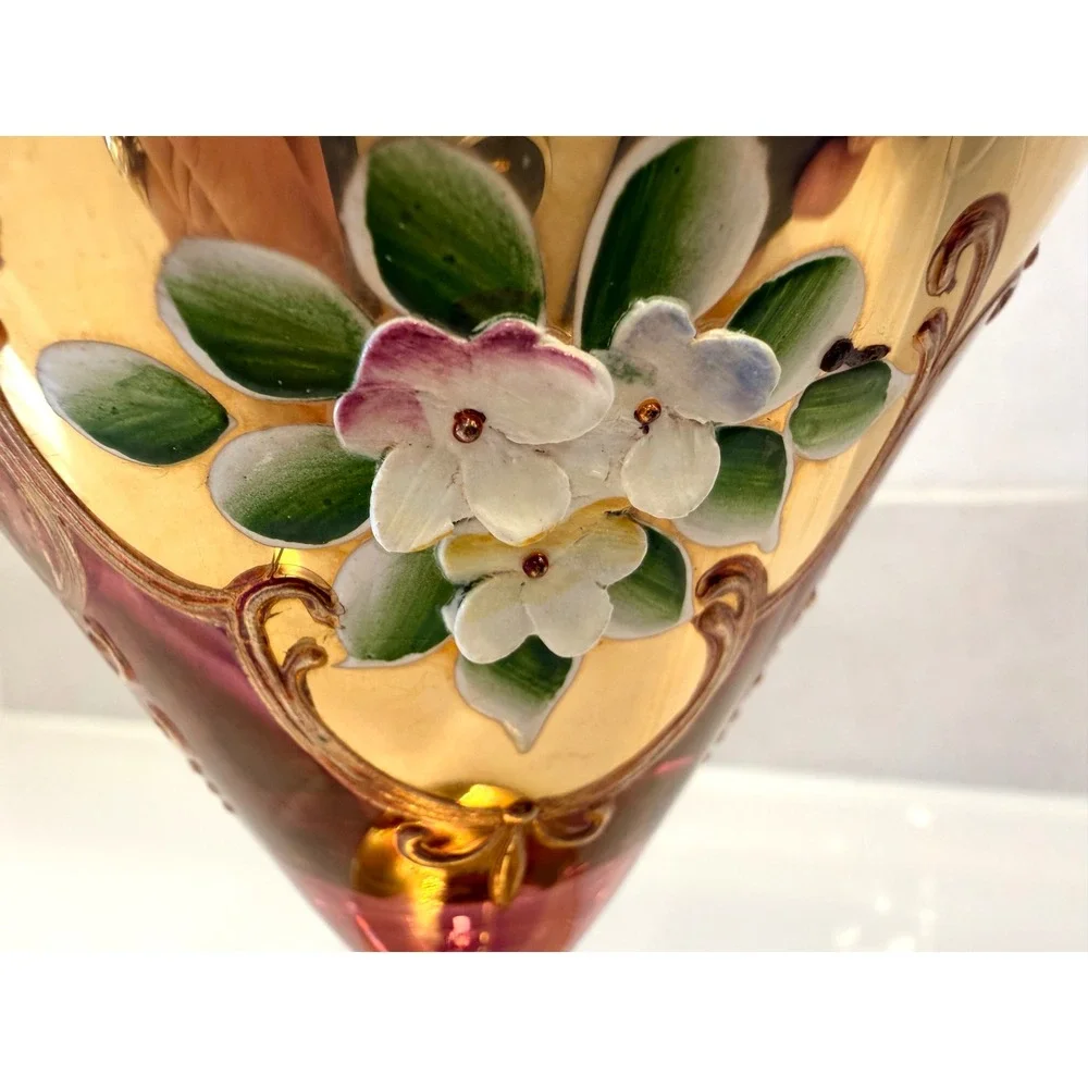 Vtg Murano Cranberry Glass‎ Gold 3D Enamel Floral Martini Goblet Venetian Glass